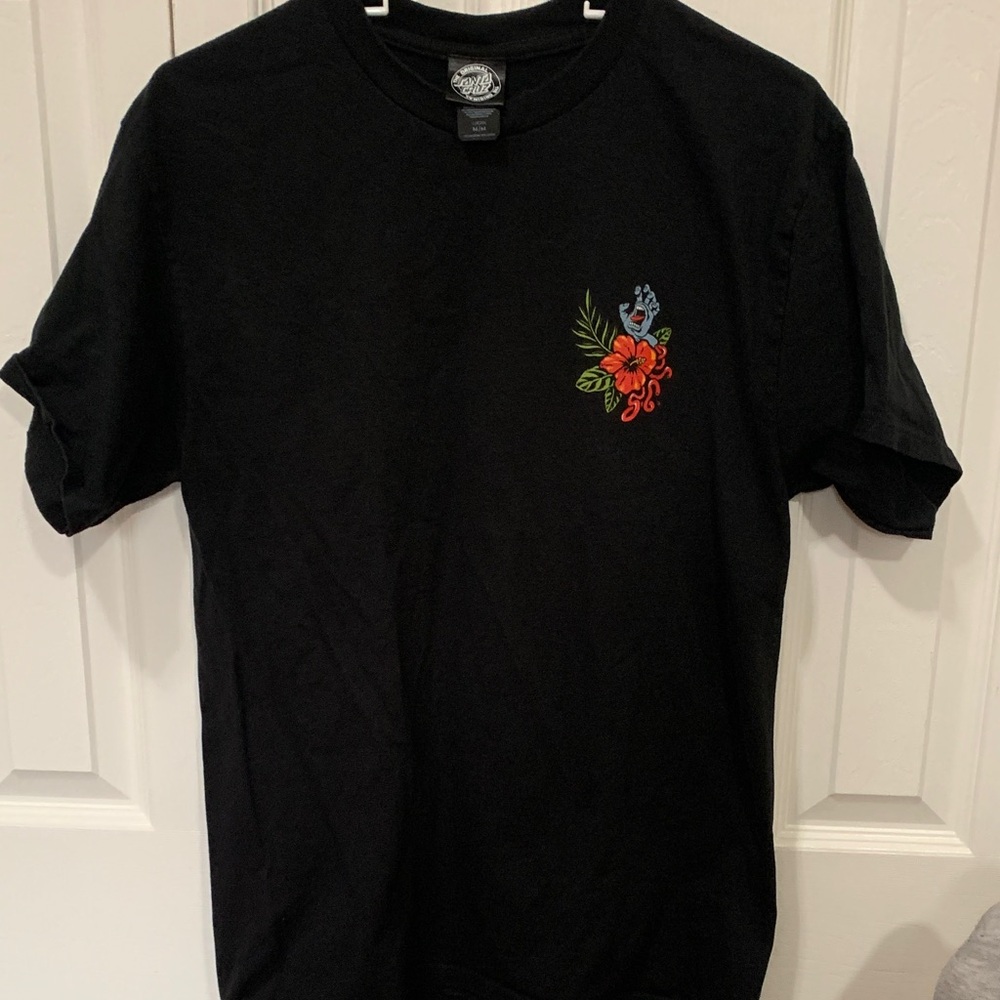 Santa Cruz Skateboards Black Tee with Red Floral Chest Graphic